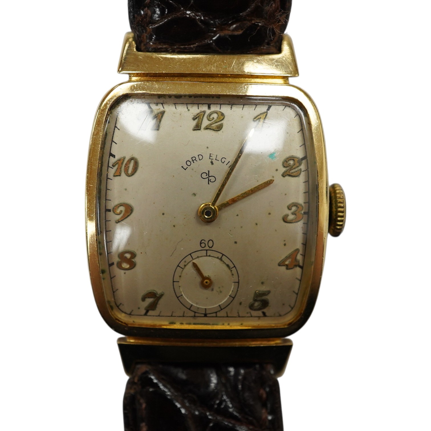 A gentleman's 14k Lord Elgin manual wind wrist watch, with Arabic dial and subsidiary seconds, case diameter 25mm, on an associated leather strap. Condition - poor